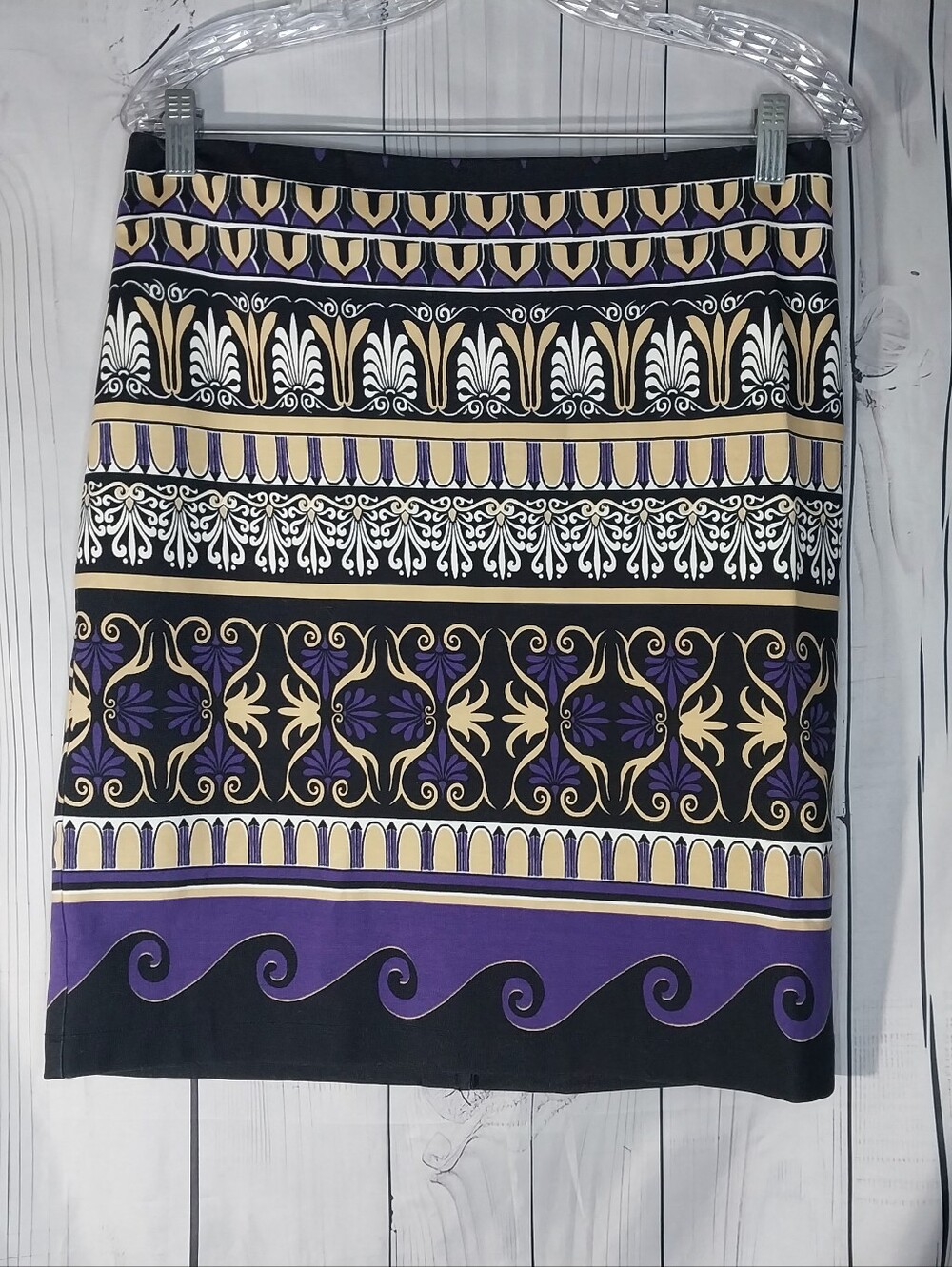 J. McLaughlin Lucy Black, Purple & Cream Patterned Boho Chic Preppy Pencil Skirt